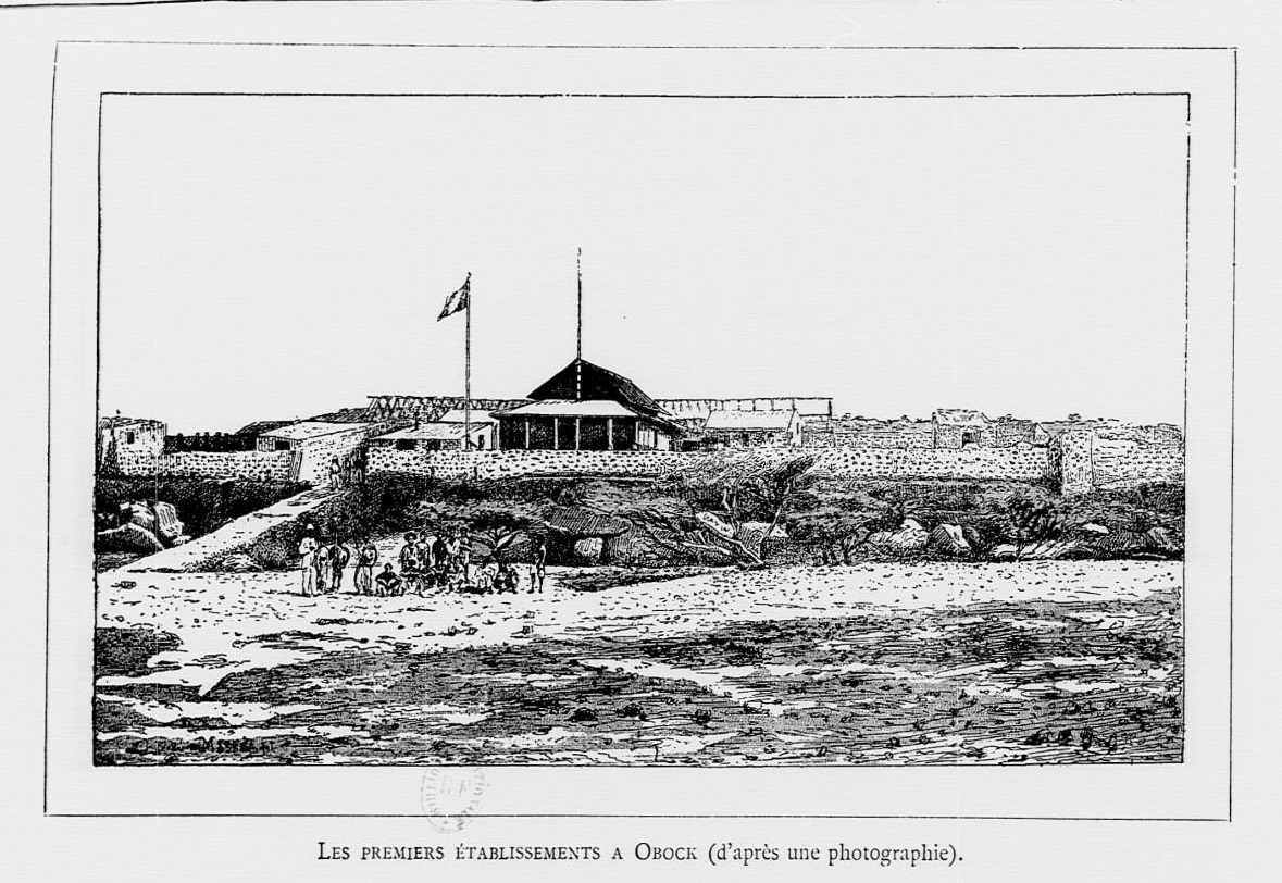 Gravure d'après une photographie montrant les premiers établissements commerciaux à Obock 1887