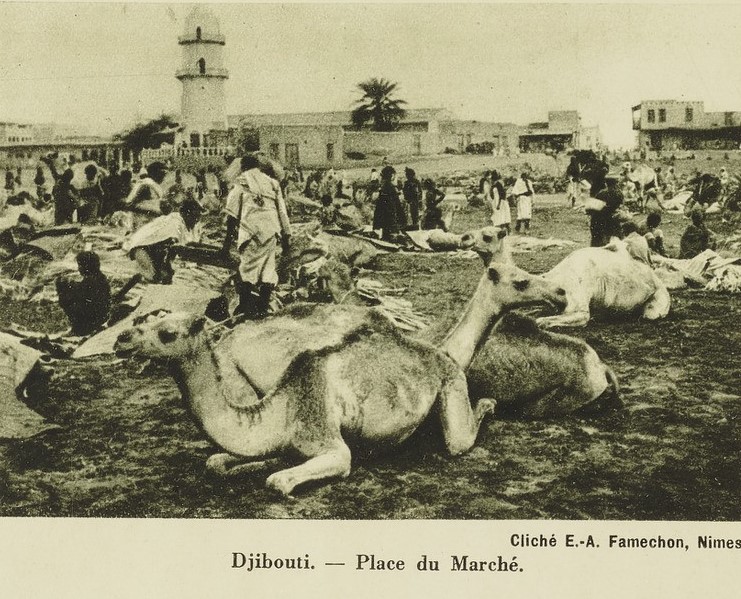Djibouti dans les années 1910-20 : la place du marché animée de troupeaux et d’échanges