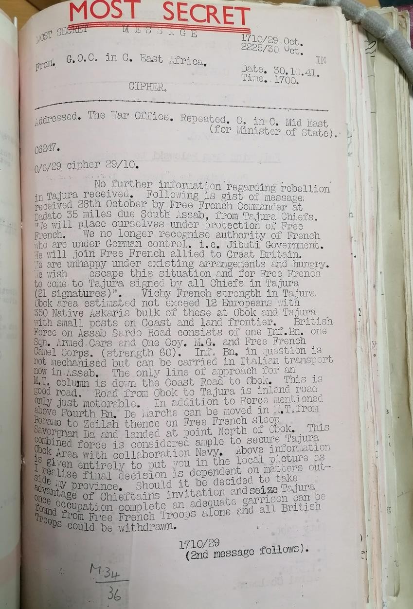 30 octobre 1941 – Télégramme secret britannique (Tadjourah)