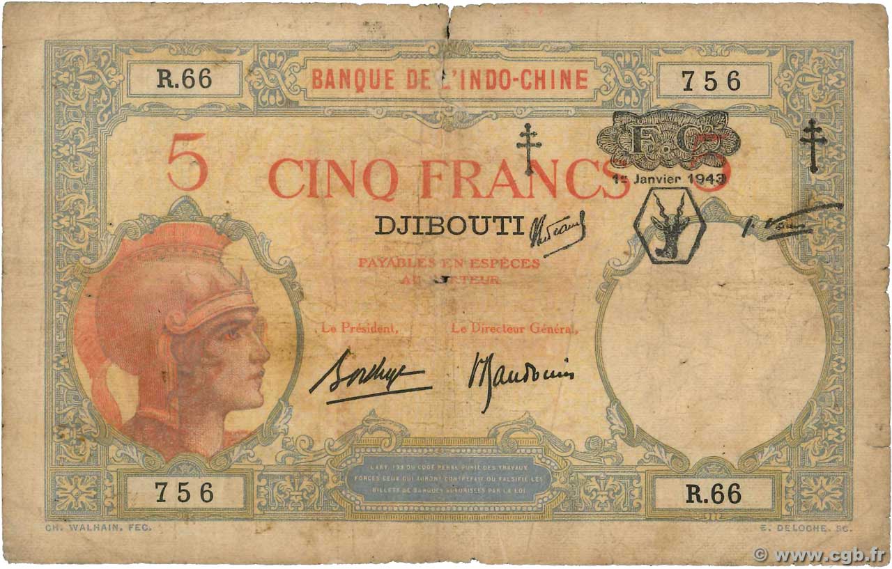 Billet de 5fr de la banque Indochine. 1943